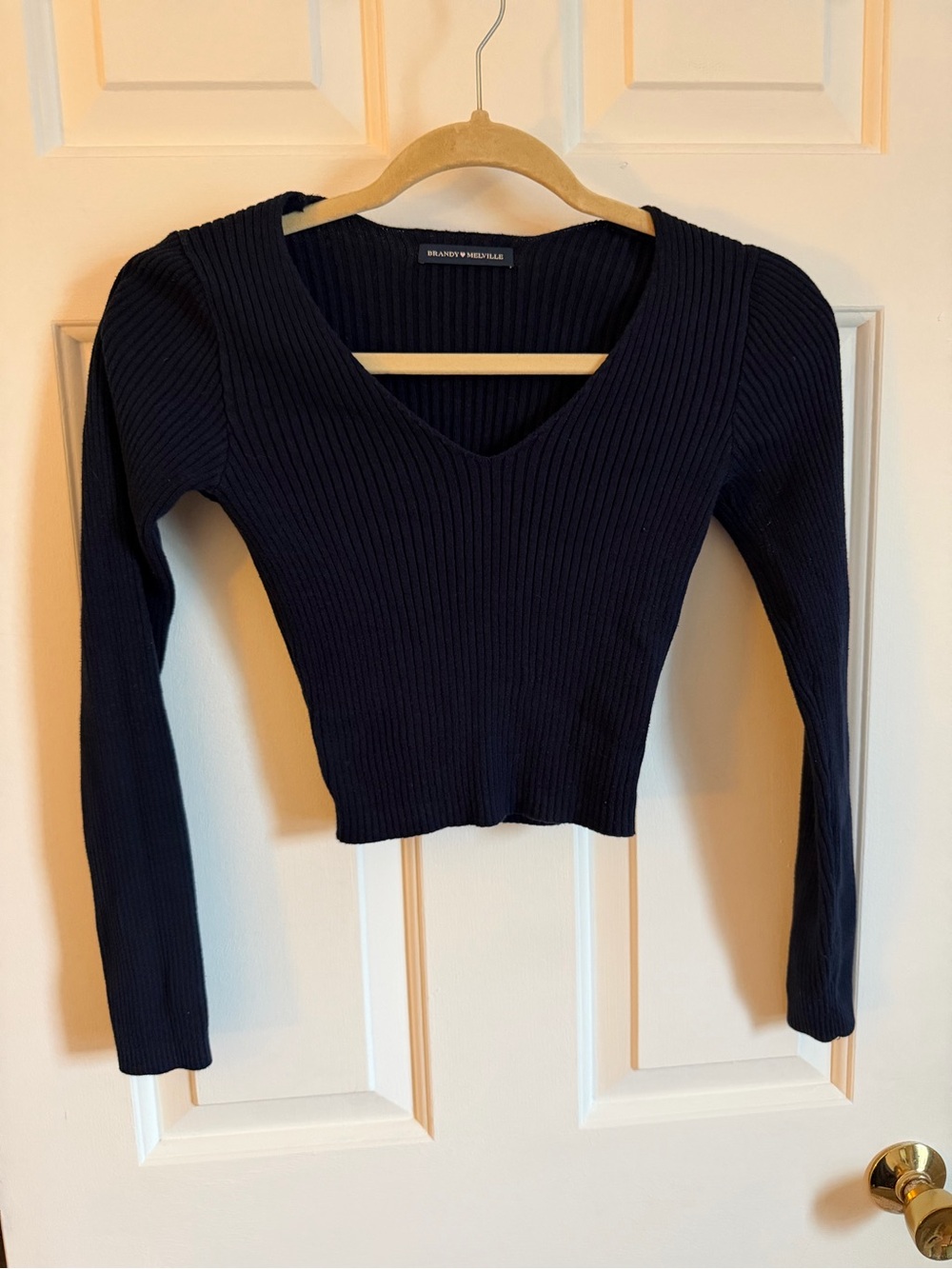 Brandy Melville Navy Ribbed V Neck Long Sleeve Crop Top One Size
